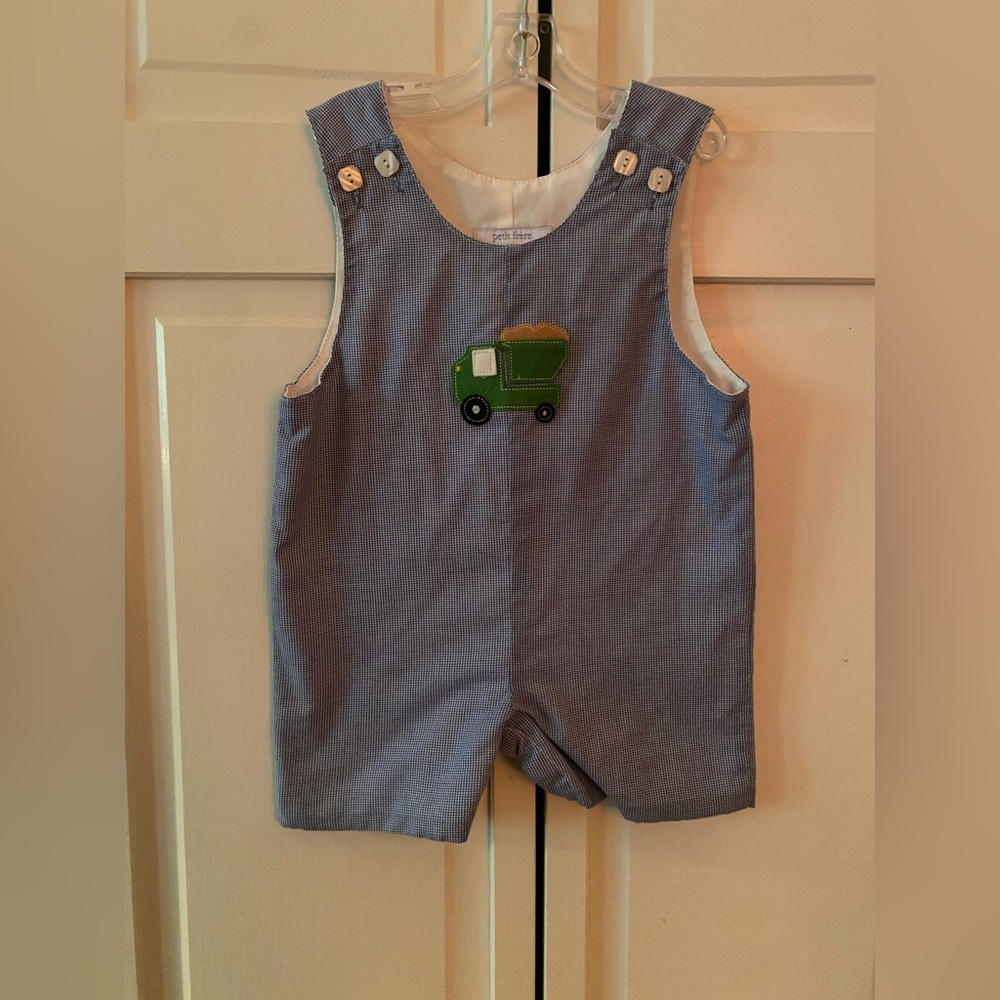 EUC Petit Frere Tractor Navy and white gingham shortall 9-12 months.